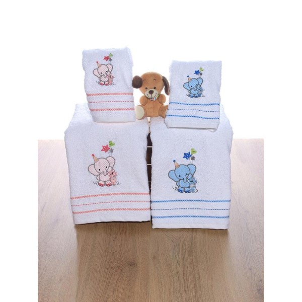 Σετ πετσέτες κεντητές Elephant 03 White/Blue