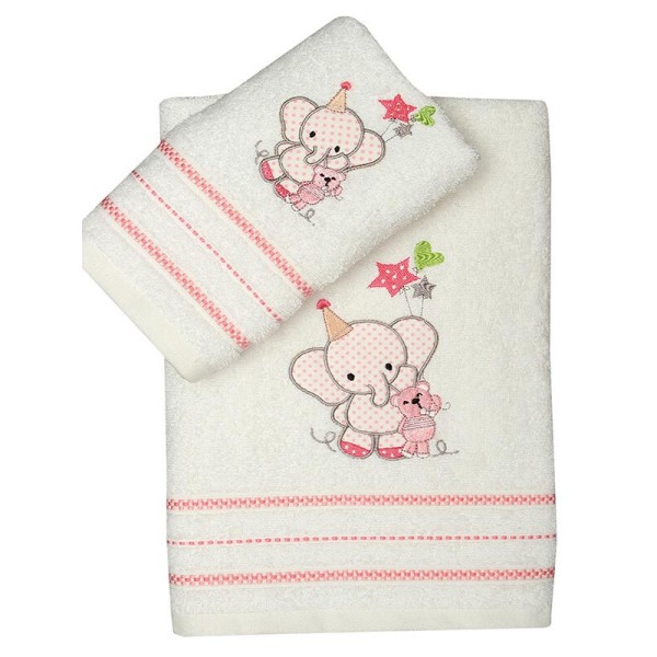 Σετ πετσέτες κεντητές Elephant 03 White/Pink