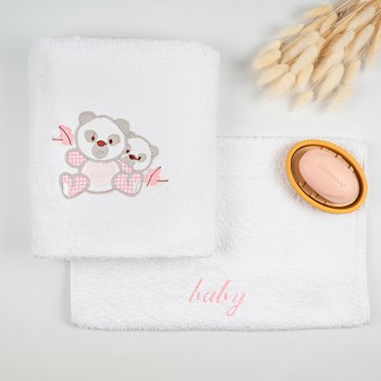 Σετ πετσέτες κεντητές Panda 02 White/Pink