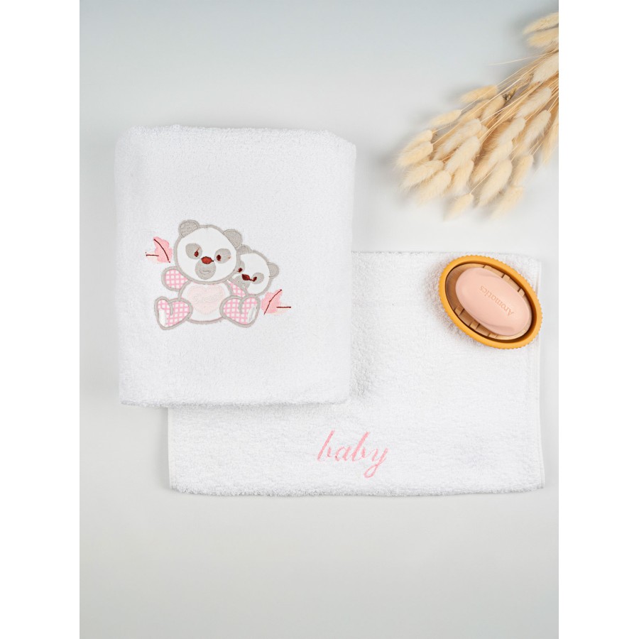 Σετ πετσέτες κεντητές Panda 02 White/Pink