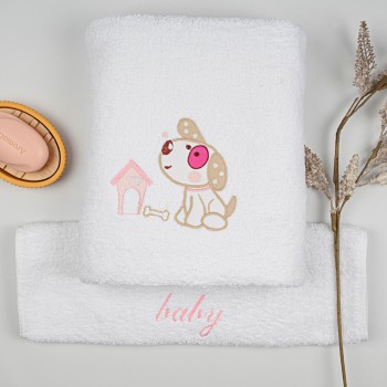 Σετ πετσέτες κεντητές Dog 07 White/Pink