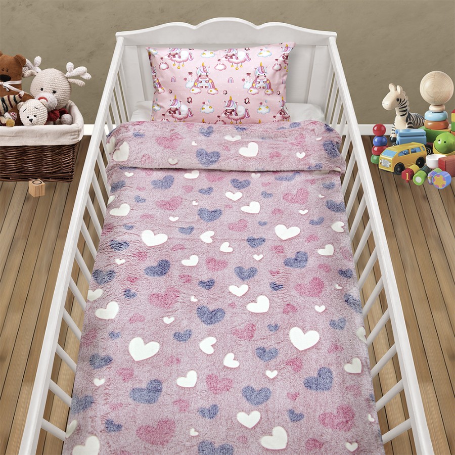 LINO ΚΟΥΒΕΡΤΑ FLEECE ΦΩΣΦΟΡΙΖΕ HERZ PINK 110X150