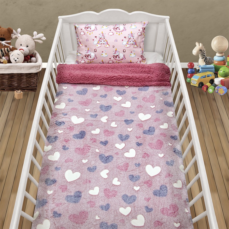 LINO ΚΟΥΒΕΡΤΑ FLEECE SHERPA ΦΩΣΦΟΡΙΖΕ HERZ PINK 110X150