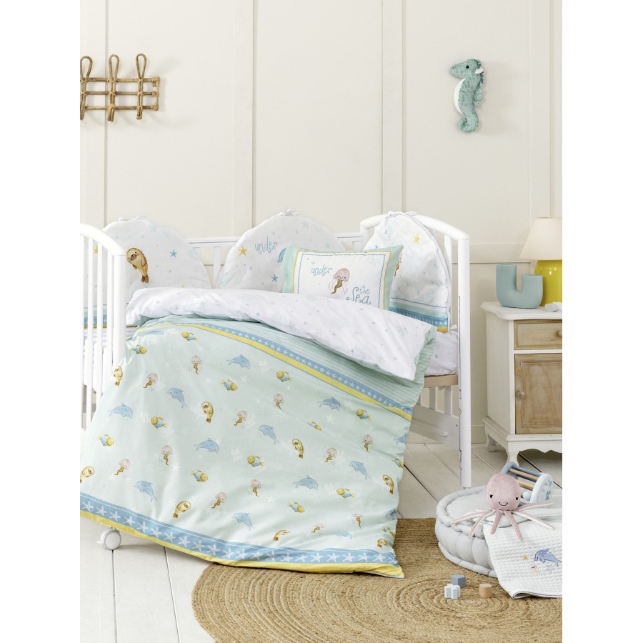 Nima Bebe Σετ Παπλωματοθήκη Κούνιας - Sea Love Τυρκουάζ   (1 x 110x145   30x40)