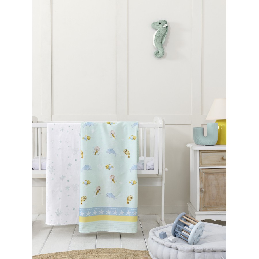 Nima Bebe Σετ Σεντόνια Λίκνου - Sea Love Τυρκουάζ   (2 x 70x110)