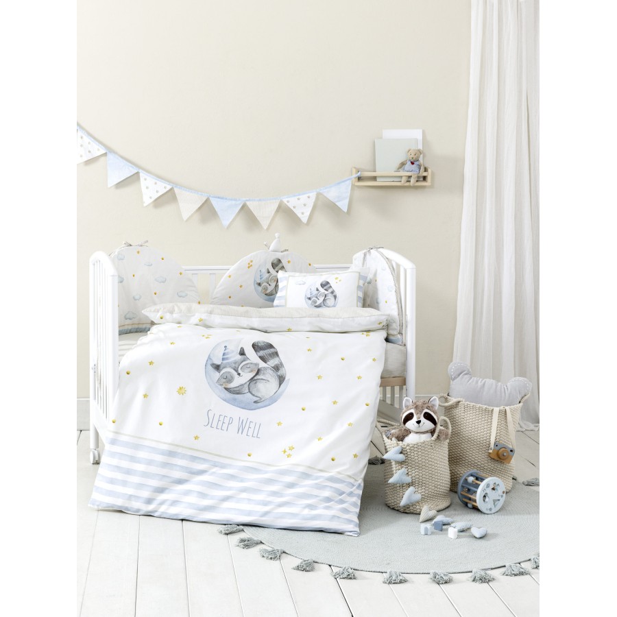 Nima Bebe Σετ Παπλωματοθήκη Κούνιας - Sleepy Racoon Λευκό, Γαλάζιο   (1 x 110x145   30x40)
