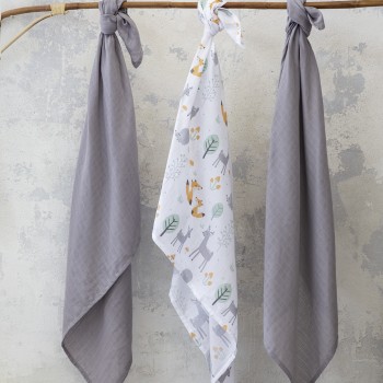 Nima Bebe Σετ Υφασμάτινες Πάνες Αγκαλιάς (3 x 120x120) - Woody Γκρι, Λευκό, Μέντα