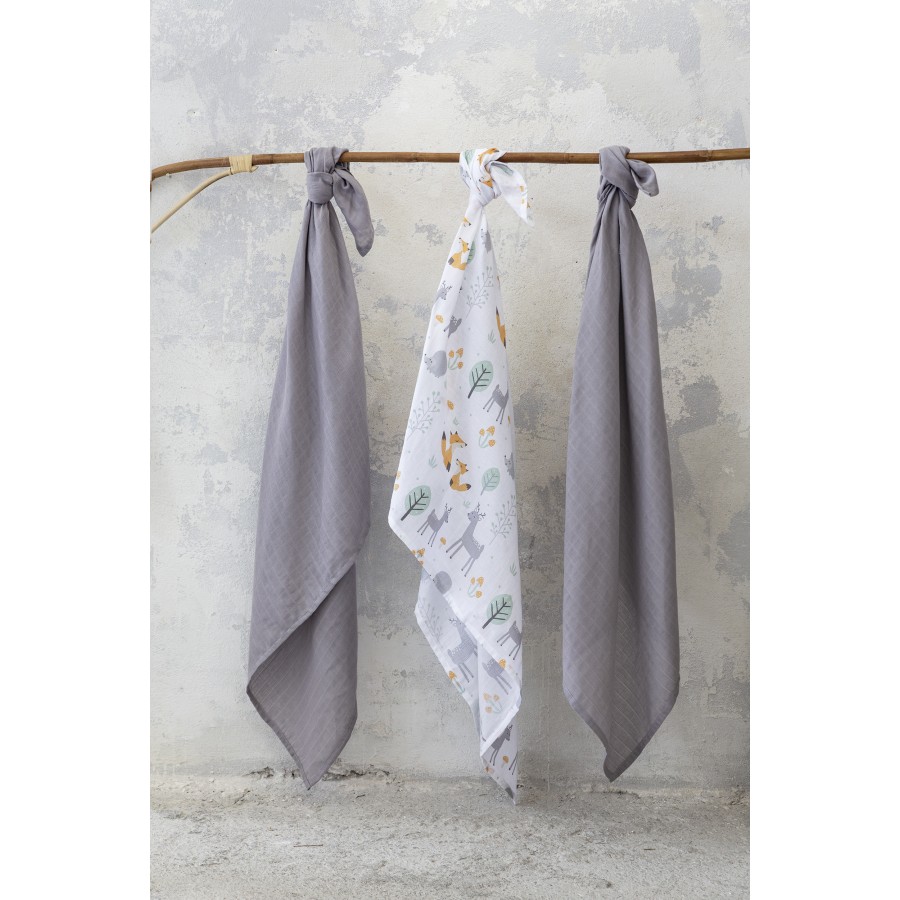 Nima Bebe Σετ Υφασμάτινες Πάνες Αγκαλιάς (3 x 120x120) - Woody Γκρι, Λευκό, Μέντα