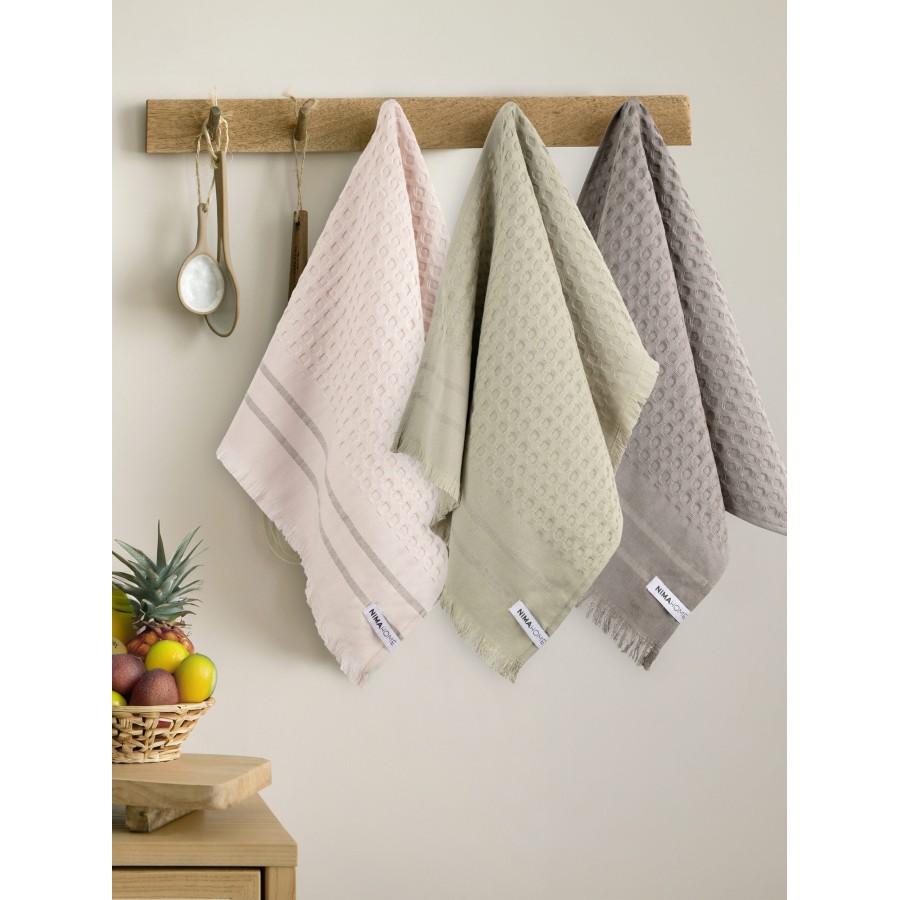 Nima Home Σετ Πετσέτες Κουζίνας (3 x 50x70) - Honeycomb Ροζ, Μπεζ, Γκρι