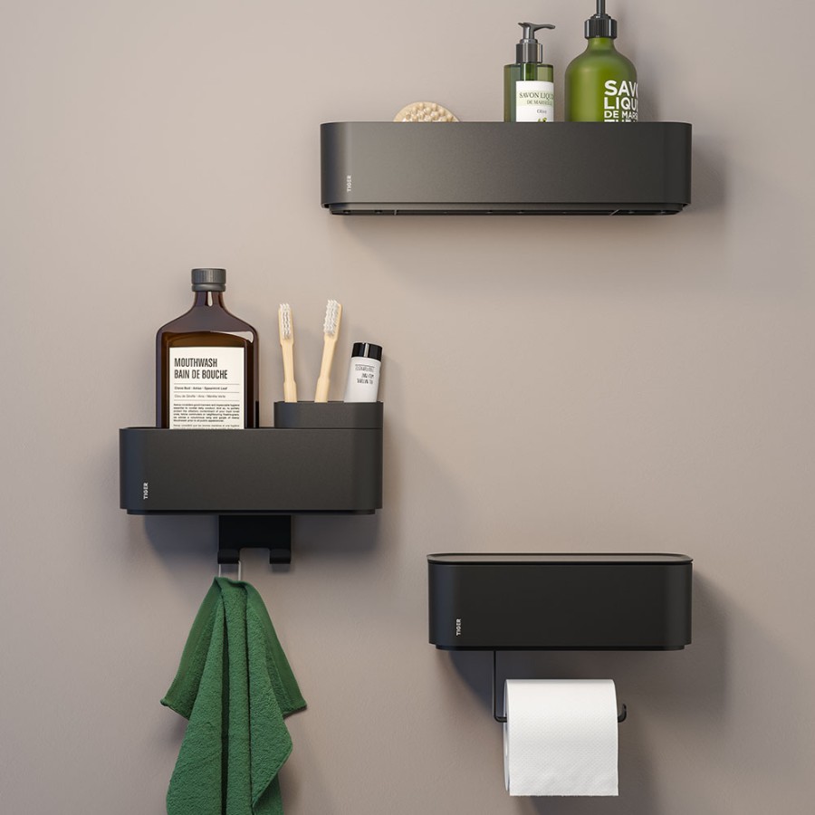 Tiger 2-Store Επιτοίχιο Ράφι με Θήκες και Κρεμάστρες 25 cm Black 800374