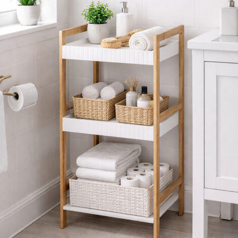 Ραφιέρα Μπάνιου με 3 Ράφια από Bamboo & MDF Natural/White MRShome