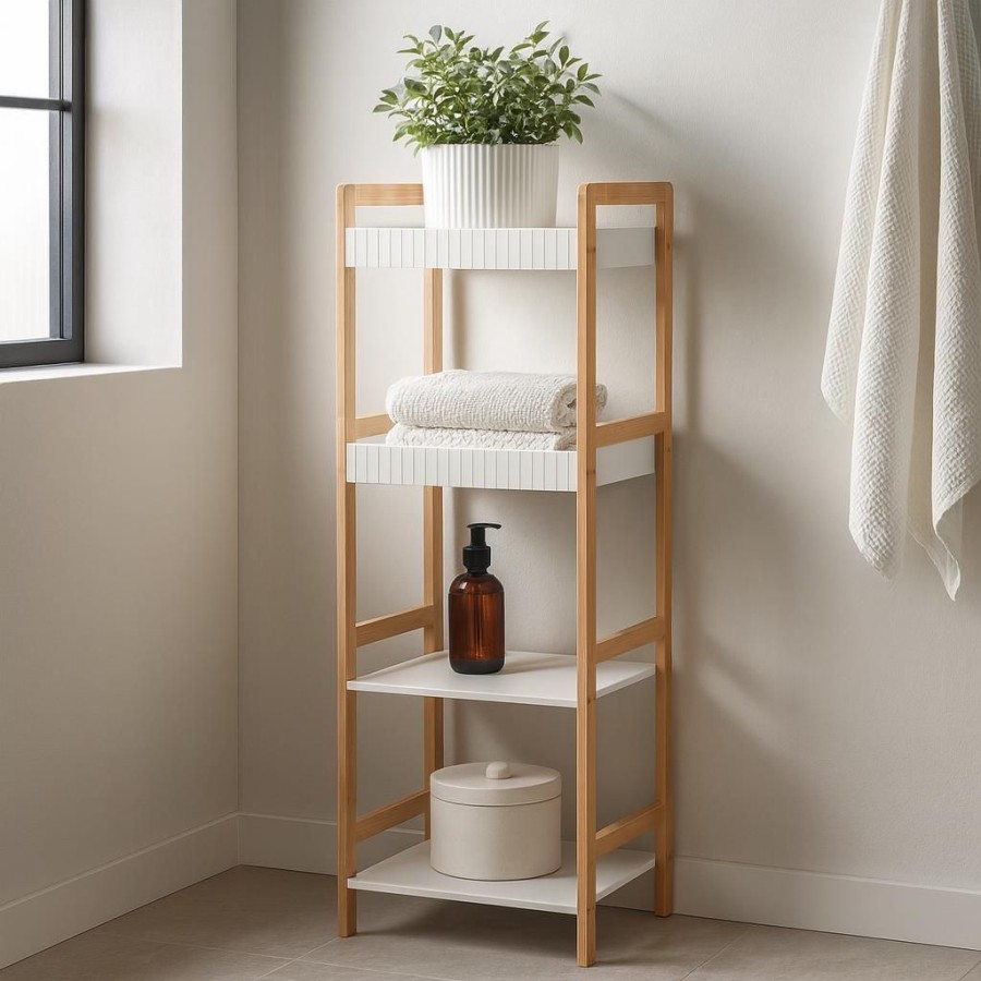 Ραφιέρα Μπάνιου με 4 Ράφια από Bamboo & MDF Natural/White 36x33x110cm MRShome
