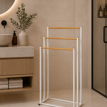 Επιδαπέδια Κρεμάστρα 3 Θέσεων Μεταλλική με Bamboo 45x23x85cm White/Natural MRShome