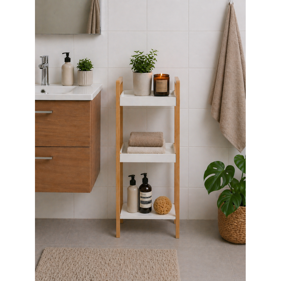 Ραφιέρα Μπάνιου από Bamboo & MDF με 3 Ράφια Natural/White MRShome