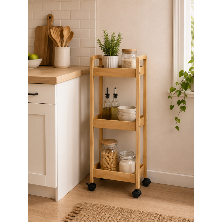 Ραφιέρα Bamboo/MDF με 3 Ράφια Φυσική με Ροδάκια 28.5x21x79cm MRShome