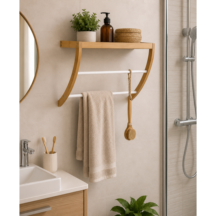 Κρεμάστρα Τοίχου με Ράφι Bamboo 45x20x34cm Μπεζ/Λευκή MRShome