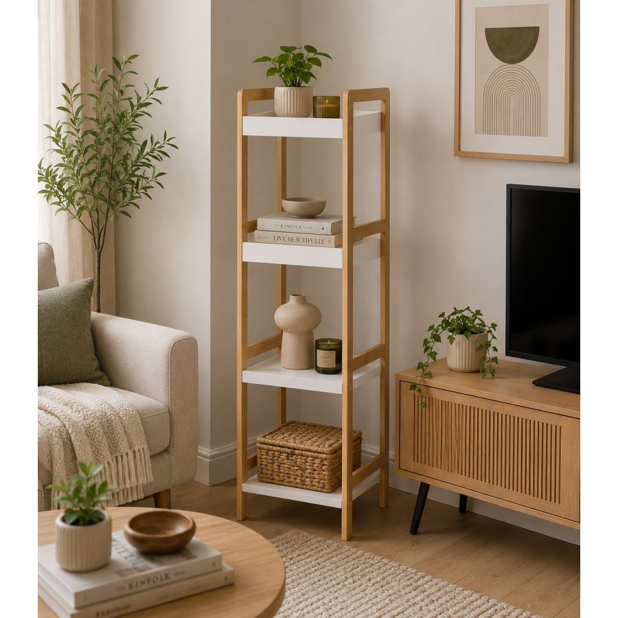 Ραφιέρα 4 θέσεων Bamboo/MDF Μπεζ/Λευκή 34x33x110cm MRShome