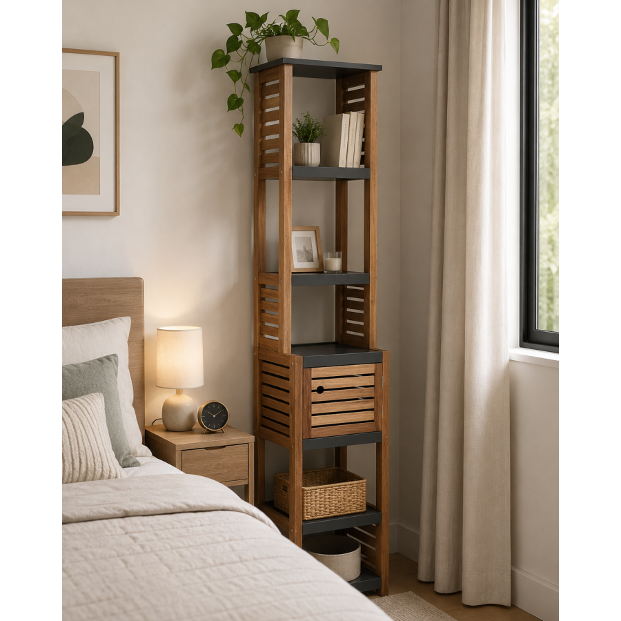 Έπιπλο MDF/Ακακία με 1 Ντουλαπάκι και 5 Ράφια Αποθήκευσης Γκρι/Καφέ 38.5x30x170cm MRShome
