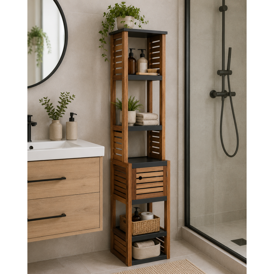 Έπιπλο MDF/Ακακία με 1 Ντουλαπάκι και 5 Ράφια Αποθήκευσης Γκρι/Καφέ 38.5x30x170cm MRShome