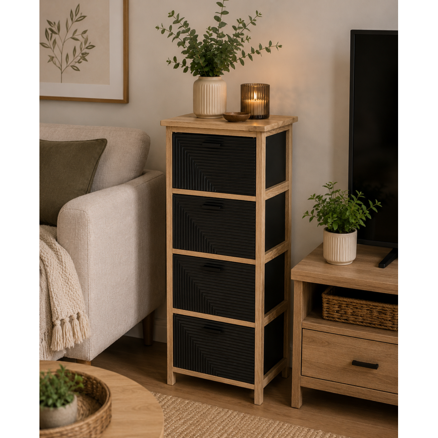 Συρταριέρα MDF με 4 Συρτάρια 37.5x27.5x86cm Φυσική/Μαύρη με Σχέδιο MRShome