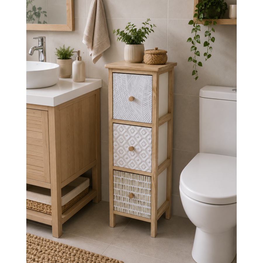 Συρταριέρα MDF με 3 Συρτάρια 25x25x77cm Φυσική με Σχέδια MRShome