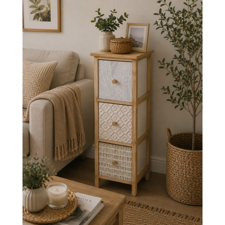 Συρταριέρα MDF με 3 Συρτάρια 25x25x77cm Φυσική με Σχέδια MRShome