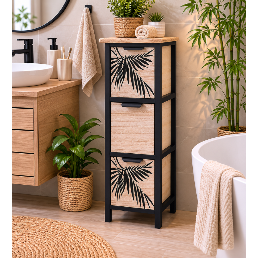 Συρταριέρα MDF με 3 Συρτάρια 25x25x77cm Μπεζ/Μαύρη με Σχέδιο MRShome