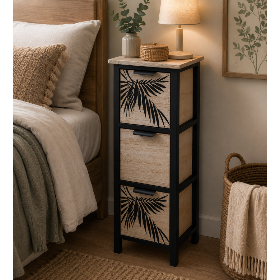 Συρταριέρα MDF με 3 Συρτάρια 25x25x77cm Μπεζ/Μαύρη με Σχέδιο MRShome
