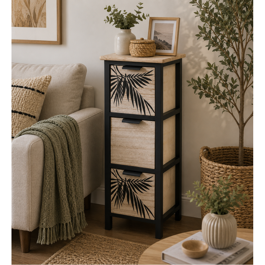 Συρταριέρα MDF με 3 Συρτάρια 25x25x77cm Μπεζ/Μαύρη με Σχέδιο MRShome
