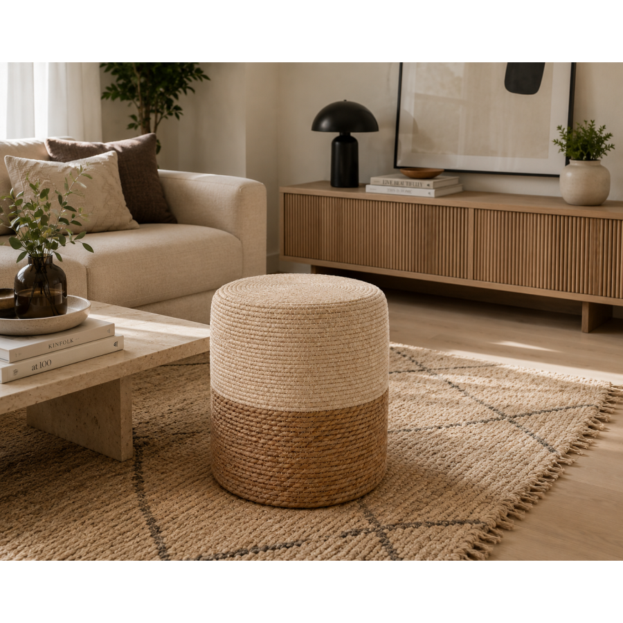 Σκαμπώ Πουφ Ξύλινο Bamboo Λευκό/Μπεζ Φ34x36cm MRShome