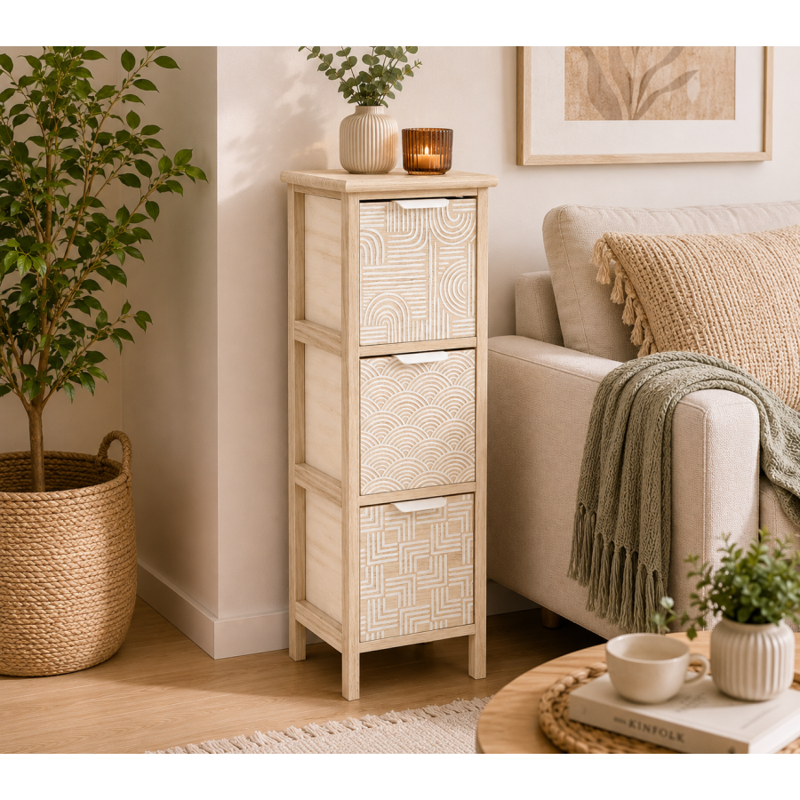 Συρταριέρα MDF με 3 Συρτάρια 25x25x77cm Μπεζ με Σχέδια MRShome