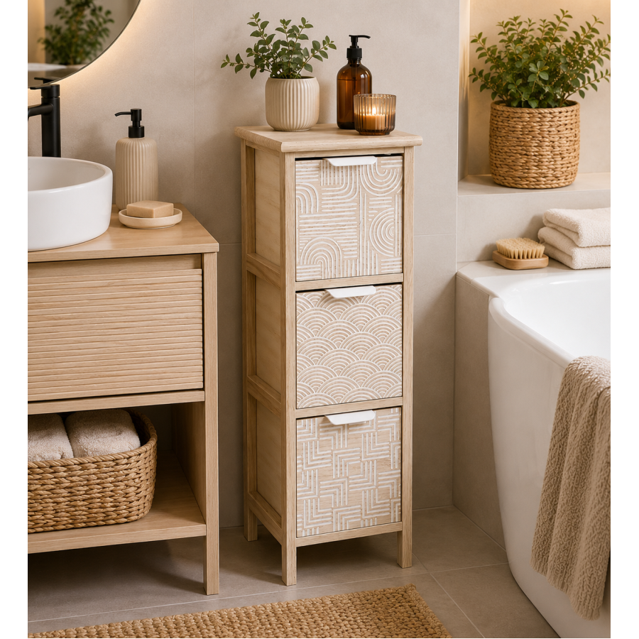 Συρταριέρα MDF με 3 Συρτάρια 25x25x77cm Μπεζ με Σχέδια MRShome