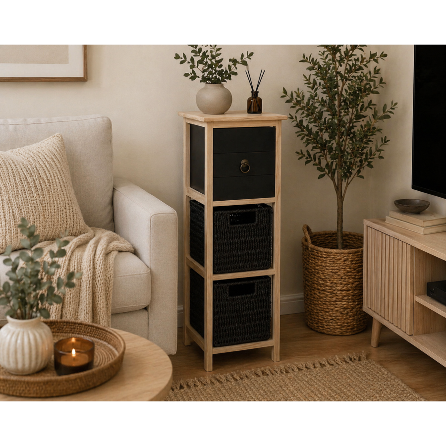 Συρταριέρα MDF με 3 Συρτάρια 25x25x77cm Φυσική/Μαύρη MRShome