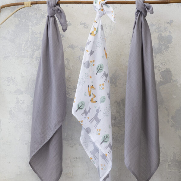 Nima Bebe Σετ Υφασμάτινες Πάνες Αγκαλιάς (3 x 120×120) – Woody Γκρι, Λευκό, Μέντα shopinhome shopinhome